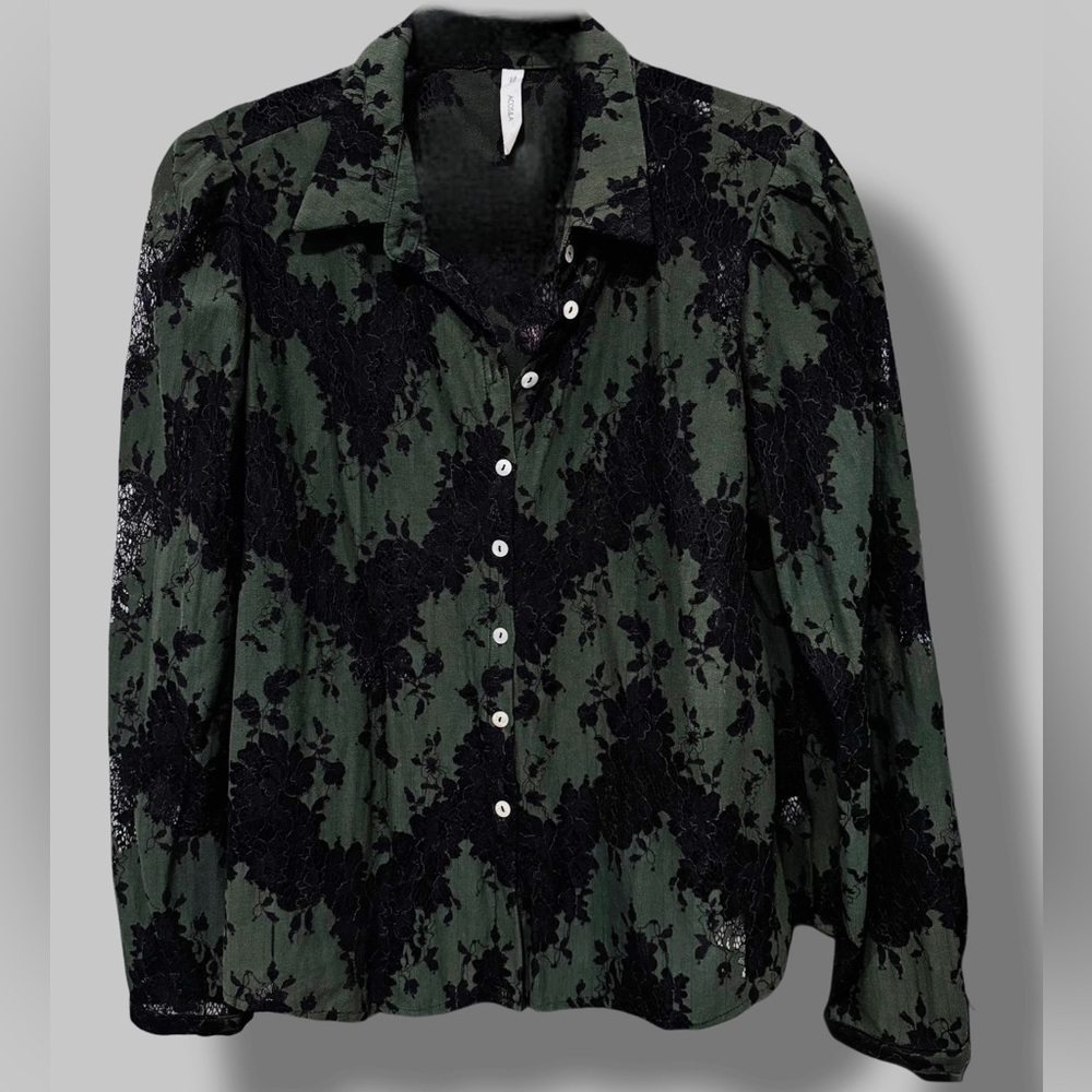 ACOS&A Black Lace Overlay Button-Front Blouse, XL